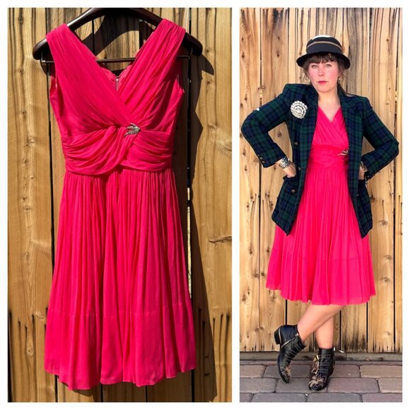Vintage Dresses & Skirts - Vintage 60s Dress Fit Flare Chiffon Hot Pink Fuchsia Sleeveless V Neck Size M/L